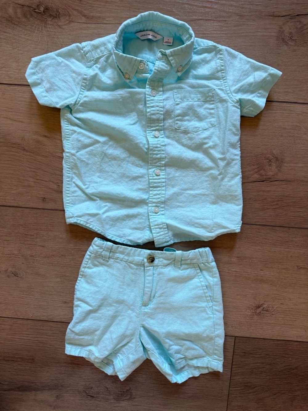 EUC Janie & Jack Light Aqua Linen Button-Up Shirt & Shorts Set Size 3